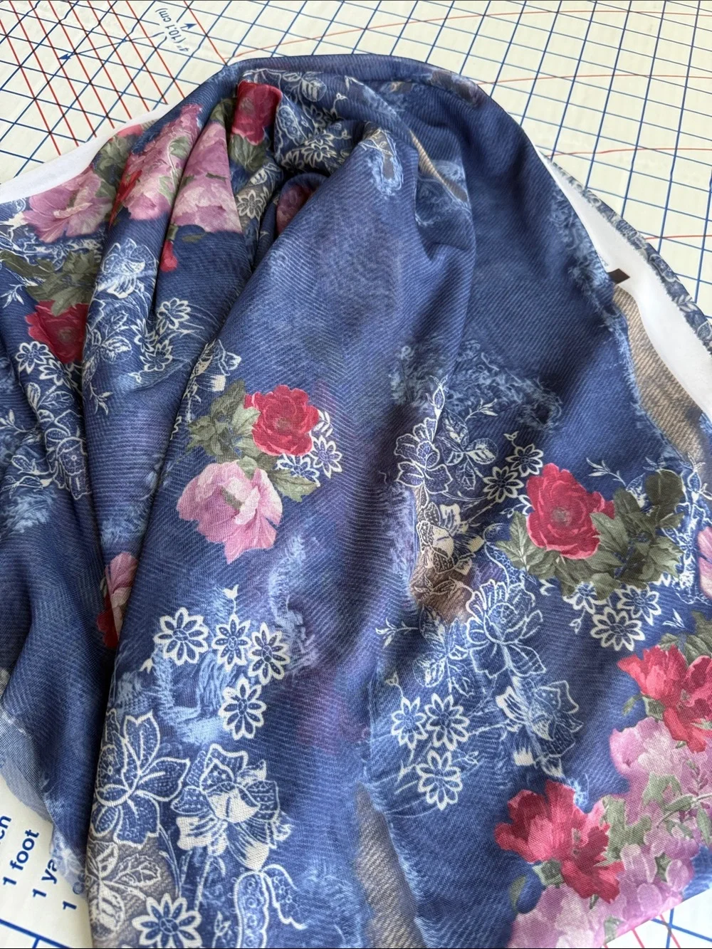 Y2K Denim Rose Lace Print Stretch Mesh Fabric 4 Yards 54” Semi Sheer